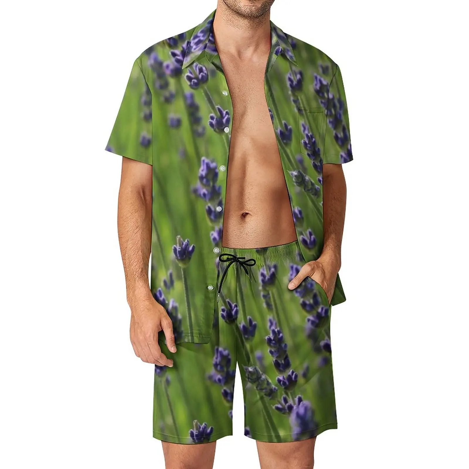 

Lavender Dreams Men Sets Blooming Floral Print Trendy Casual Shirt Set Short-Sleeve Shorts Summer Vacation Suit Plus Size