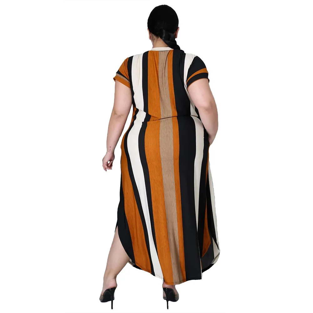 Plus Size Dress Women Summer Holiday Wholesale v Neck Striped Slip Hem Elegant Party Maxi Dresses Polye 3xl 4xl 5xl 6xl