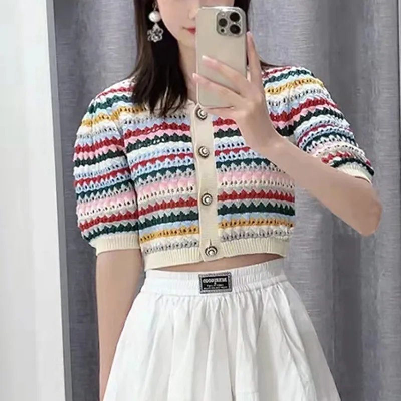 

Brand Vintage New Polo Neck Single Breasted Heart Button Cropped Knit Striped Cardigan Hollow Fashion Women Tops 2022