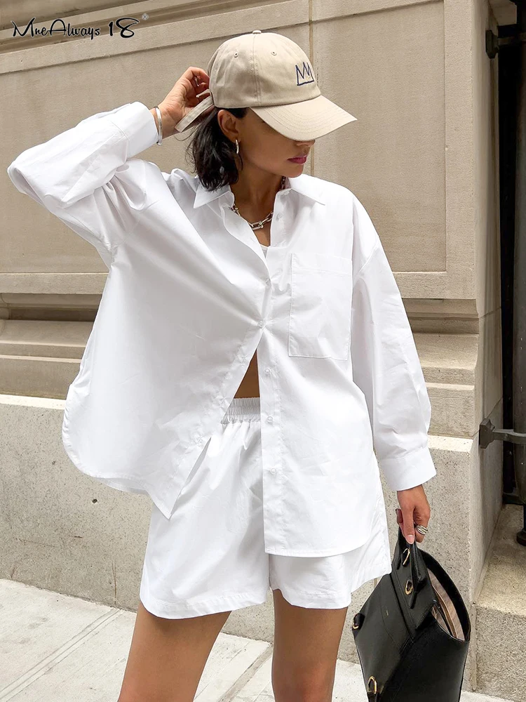 

Mnealways18 White Shorts Set Woman 2 Pieces Street Outfits Long Sleeves Shirts And Wide Leg Shorts Casual Suits Autumn Two Piece