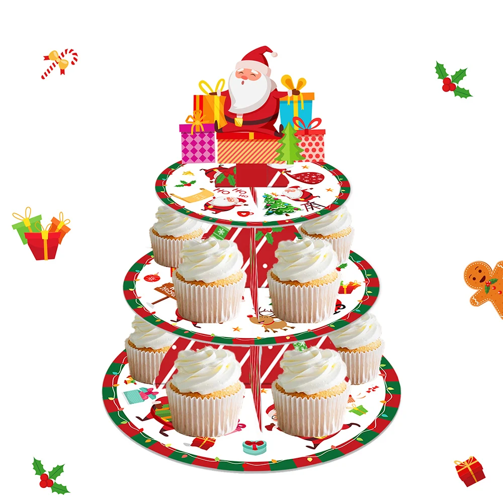 

3-layers Cartoon Santa Claus Merry Christmas Xmas Party Paperboard Cupcake Display Stand Happy New Year Party Cake Supplies