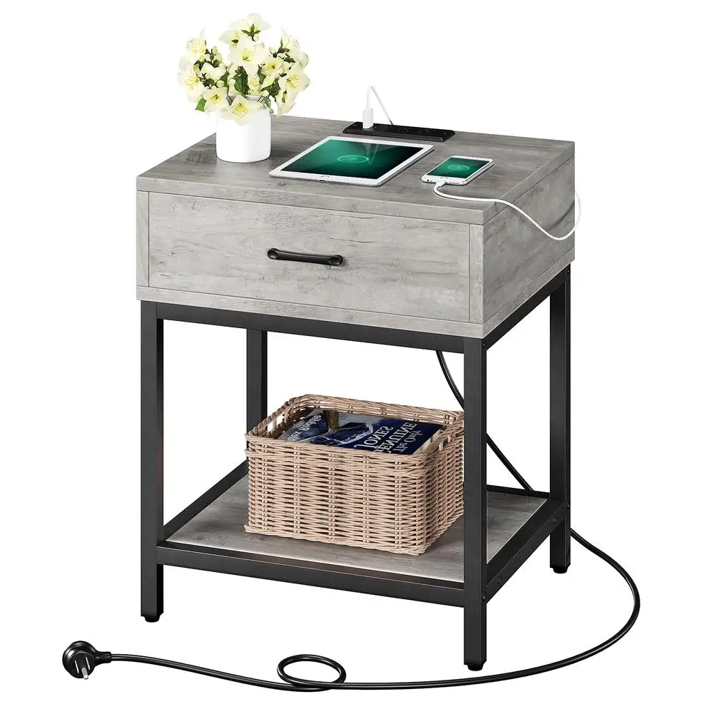 

Bedside Table with USB Charging Ports and Outlets Modern End Table Drawer Storage Cabinet Nightstand for Bedroom Living Room