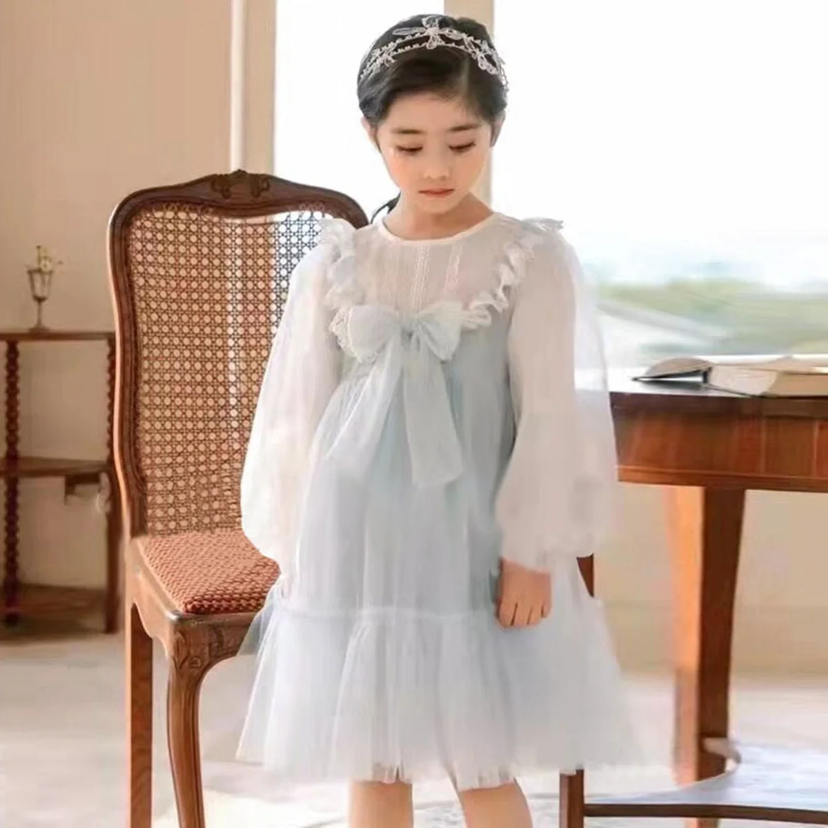 

Princess Kids Baby Dress For Girls Fancy Wedding Dress Long Sleeved Bowknot Party Birthday Baptism Dress For Girl Tulle Dresses