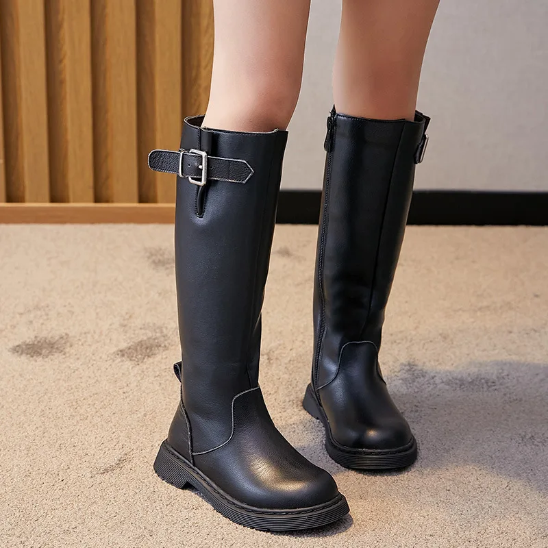 

New Winter Leather Boots Girls Princess Black Short Plush Warm Children Shoes Perfortable Student Baby Kids Knight Boots 02C