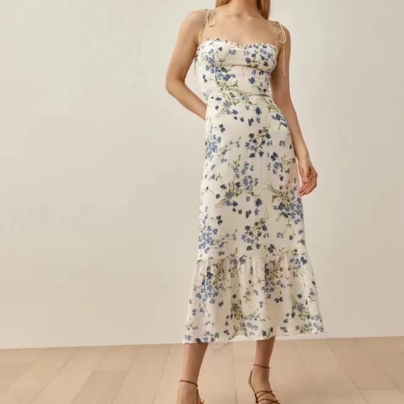 

2023 Summer High Quality Fashion Women Prairie Chic Print A-Line Sweetheart Neck Folds Camisole Midi Dress