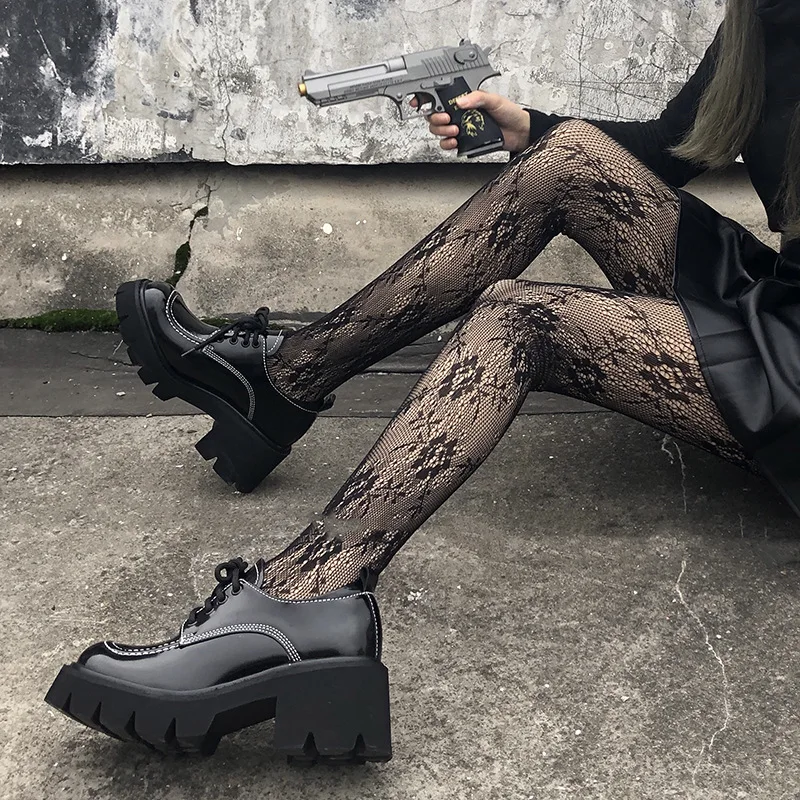Women Gothic Tights Pantyhose Japanese Black Retro Rose Flower Vine Fishnet Lace Trousers Little Love Bottoming Stockings