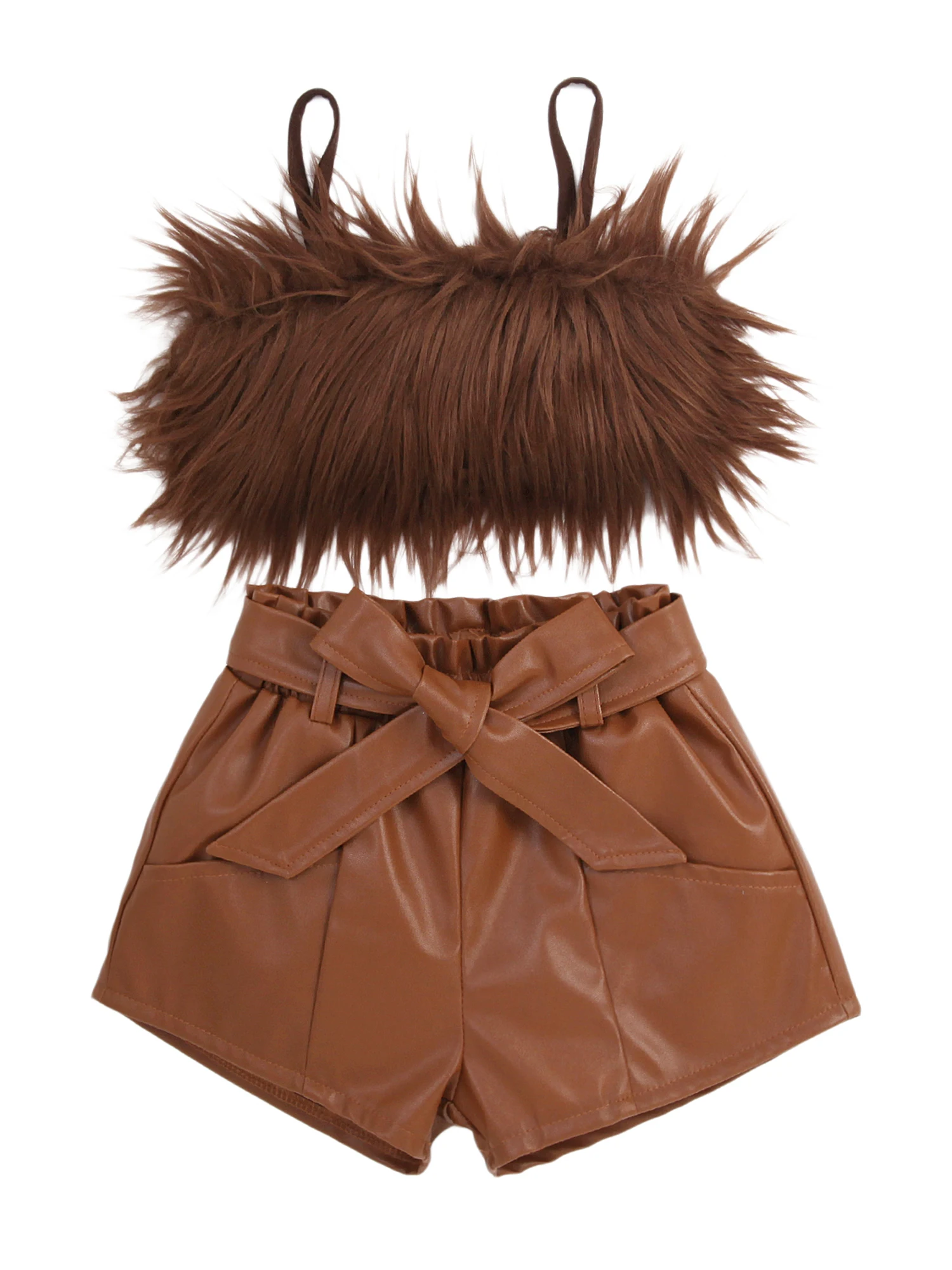 

Детский летний комплект из 2 предметов, укороченная майка с пушистым мехом и шорты из искусственной кожи