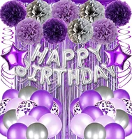 purple line birthday party decorations happy birthday banner confetti latex balloons tassel set for men and women