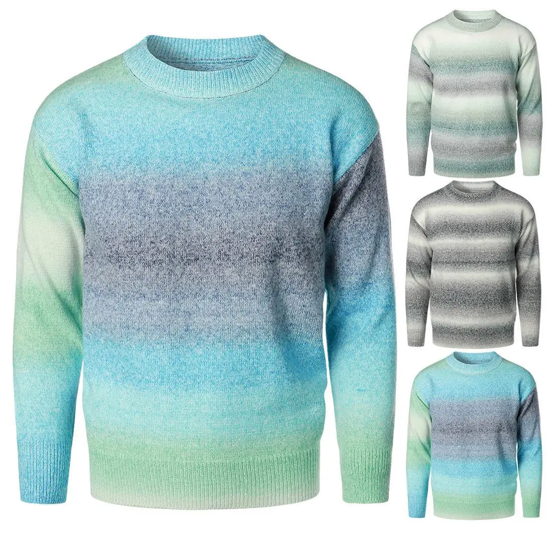 

LUCLESAM Men's Striped Gradient Sweater Pullover Colorblock Knit Sweaters New Man O-Neck Pullover Bottoming Knitwear