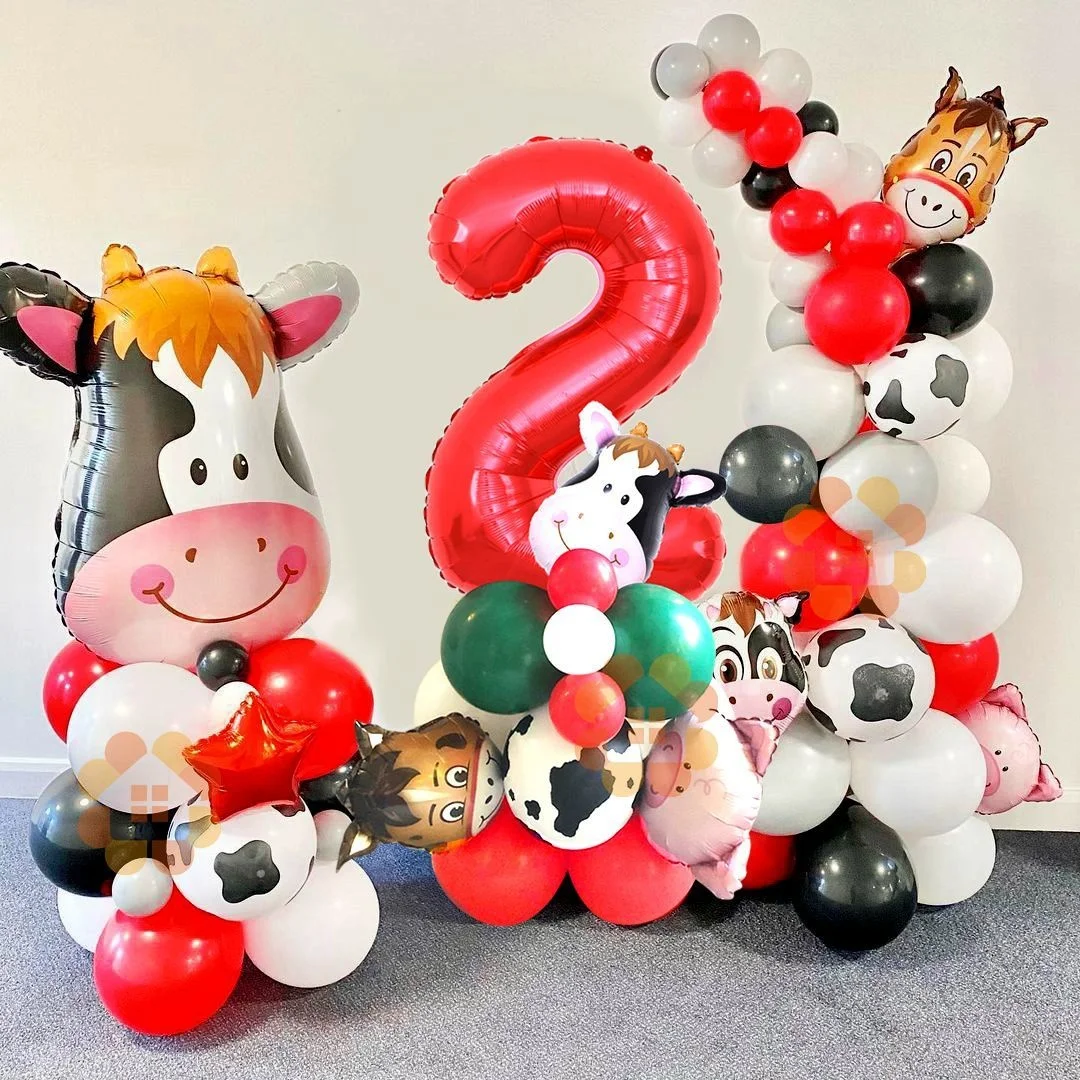 22pcs Farm Animal Theme Cow/Pig Balloons Tower Set 1-9inch Red Balloon Kids Happy Birthday Party Decoration Farm Party Supply