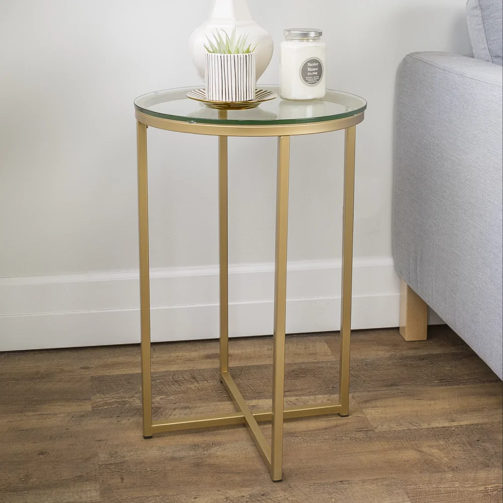 

Modern Glam Round End Table, Glass/Gold