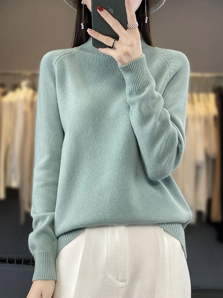 Fashion Basic Autumn Winter Merino Wool Sweater Mock Neck Cashmere Pullover Solid Color Soft Long Sleeve Clothing Tops