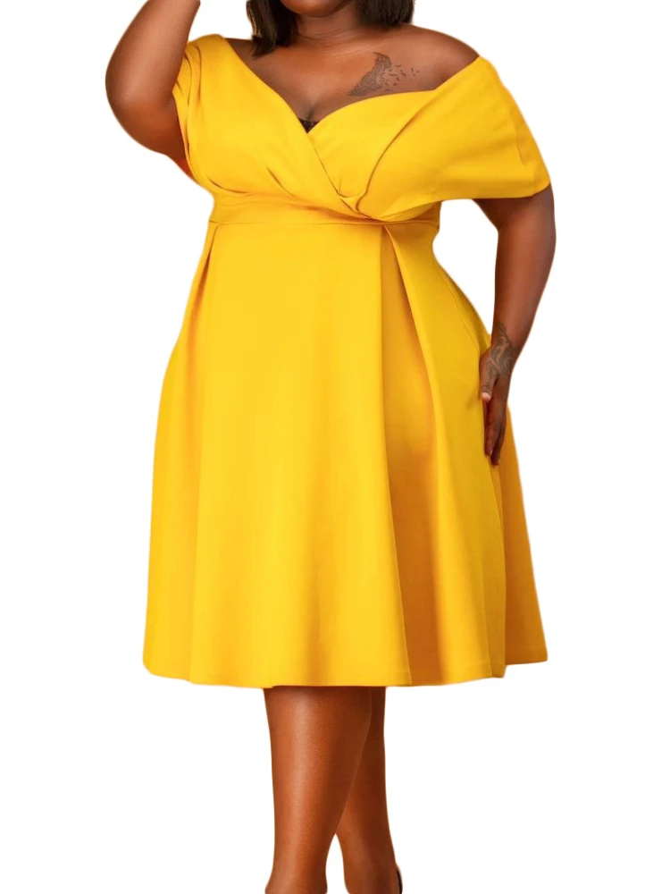 

Summer Pleated Dresses Women Wrap V Neck with Belt Short Sleeves Bare Shoulder Solid African Party Date Daliy Evening Dresses