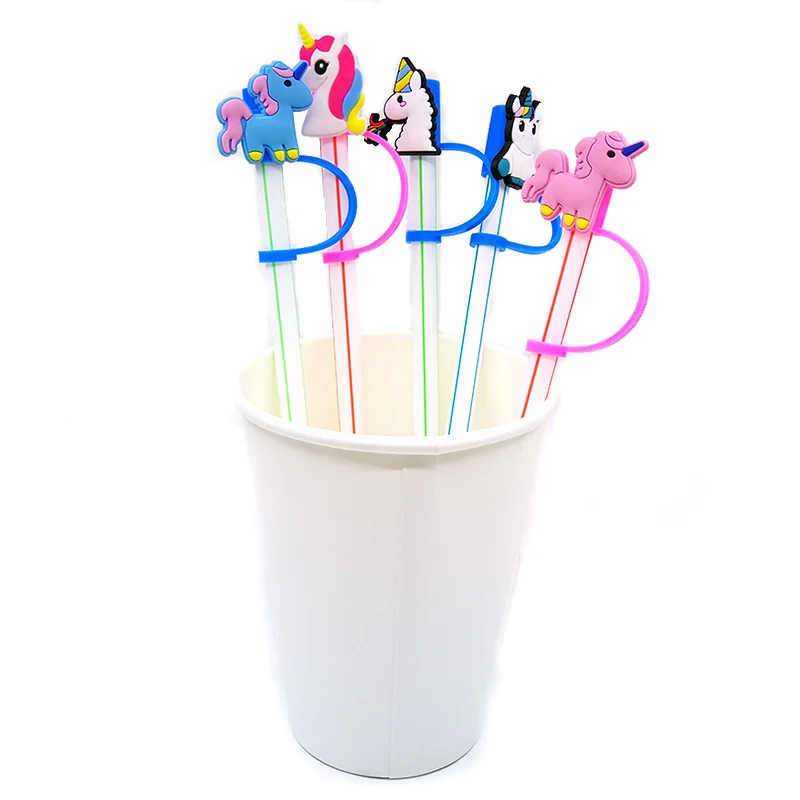 1PCS PVC Straw Charms Cute Cartoon Unicorn Pattern Cover Reusable Splash Proof Drinking Fit Glass Cup Decoration Present - купить по