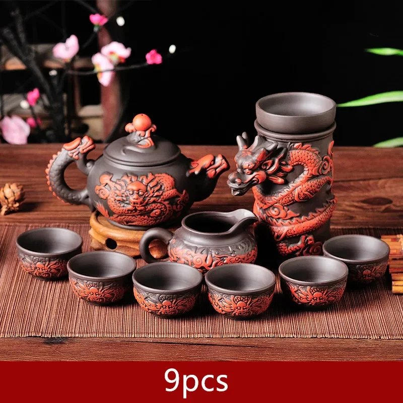 

Аутентичные наборы чайников Исин Дракон, 9 шт., бутик, фиолетовый глиняный чайный сервиз, чайник и набор чашек ручной работы Цзыша, индивидуальный подарок для чайной посуды