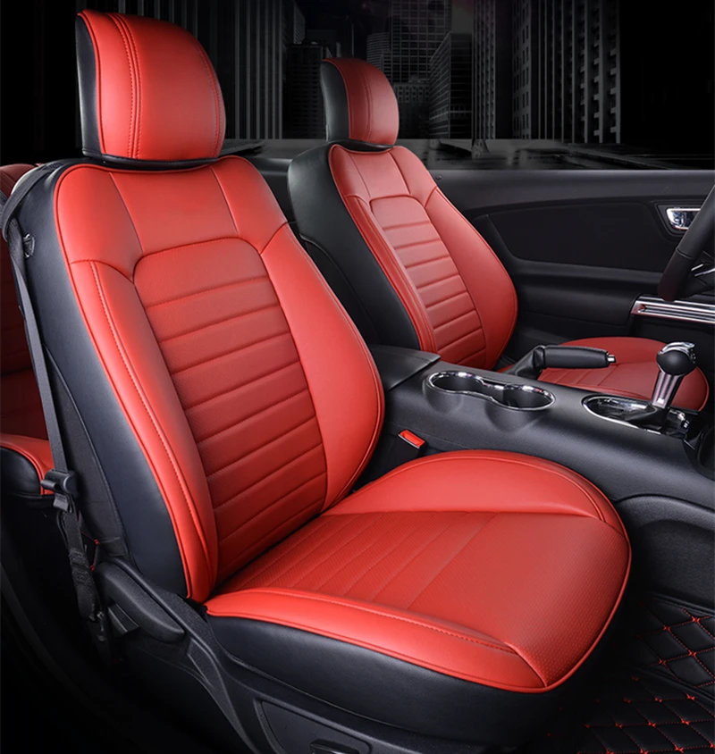 Custom Fit for Camaro Car Accessories Seat Covers Full Set Middle Perforated Genuine Leather for 2015-19 Ford Mustang Camaro