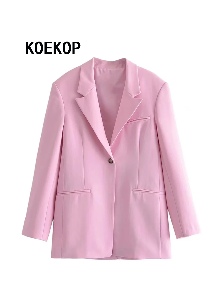 

Koekop Women Fashion With Pockets Solid Single Button Blazers Vintage Notched Neck Long Sleeves Female Office Lady Outfits