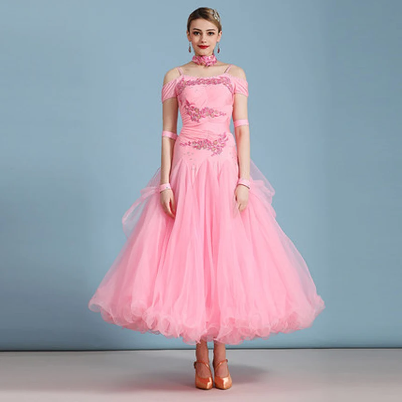 

Стандартные платья для бальных танцев для женщин, высококачественный розовый костюм для фламенко WaltzTango с коротким рукавом, женский костюм для соревнований и танцев