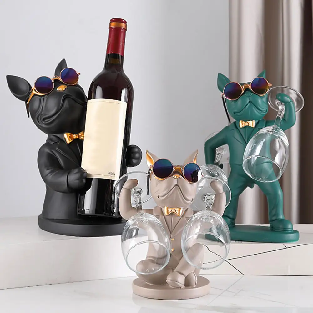Wine Bottle Rack Resin Decor Dog Statue Butler Bulldog Ornaments Decorative Sculpture Bottle Holder Kitchen Wine Glass Shelf