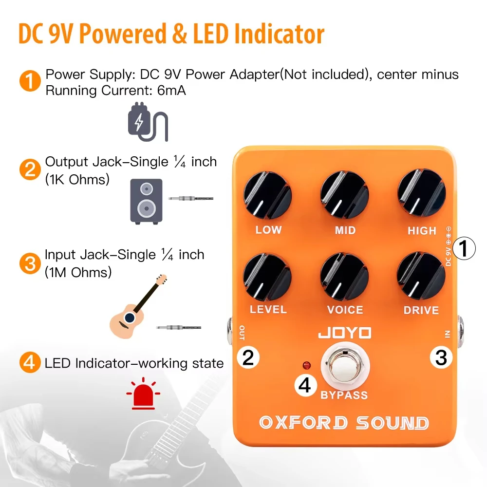 Фото Гитарная педаль JOYO JF-22 OXFORD SOUND Distortion: имитация классического британского рок-усилителя 70-х годов с высоким уровнем усиления для блюза, рока и хэви-метала №3