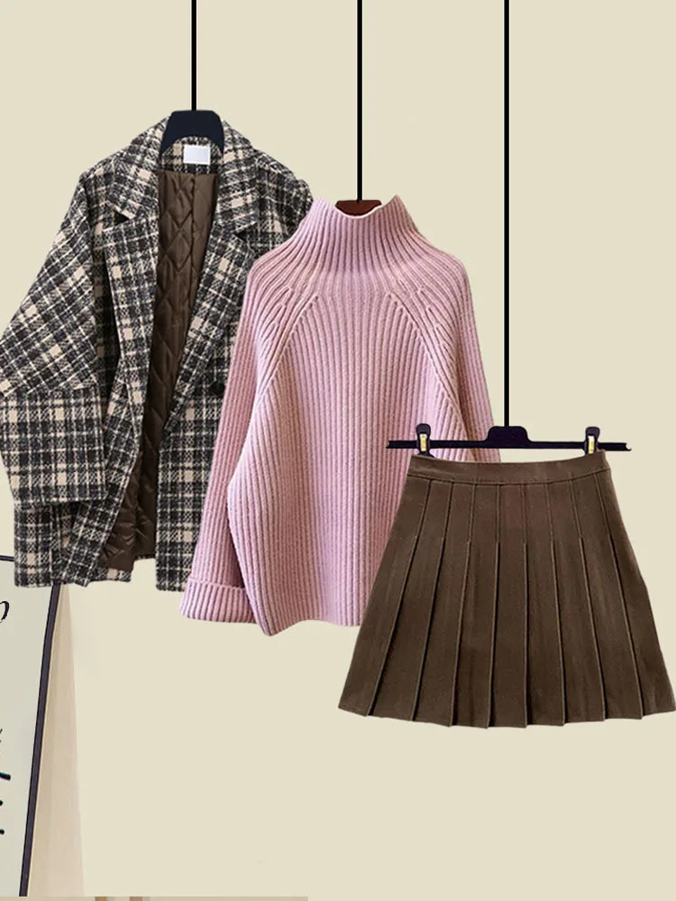 

Women Winter Warm 3 Pieces Set 2023 Korean Casual Turtleneck Knitted Sweater+notched Plaid Retro Tweed Coats+pleated Skirts Sets