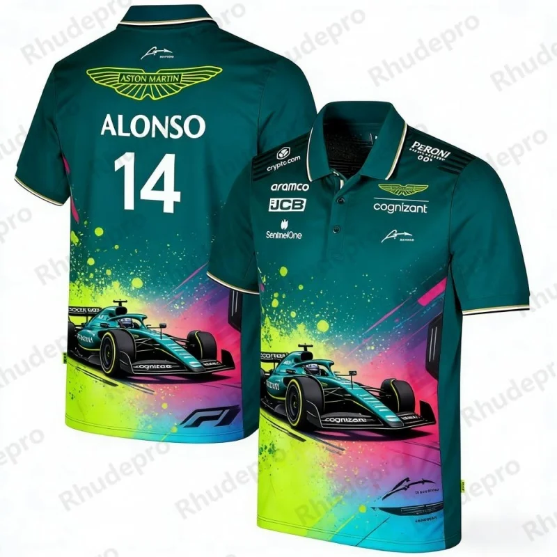Фото Футболка-поло Aston Martin Team Alonso 14 Racing Theme с коротким рукавом для любителей автоспорта, повседневная спортивная одежда №2