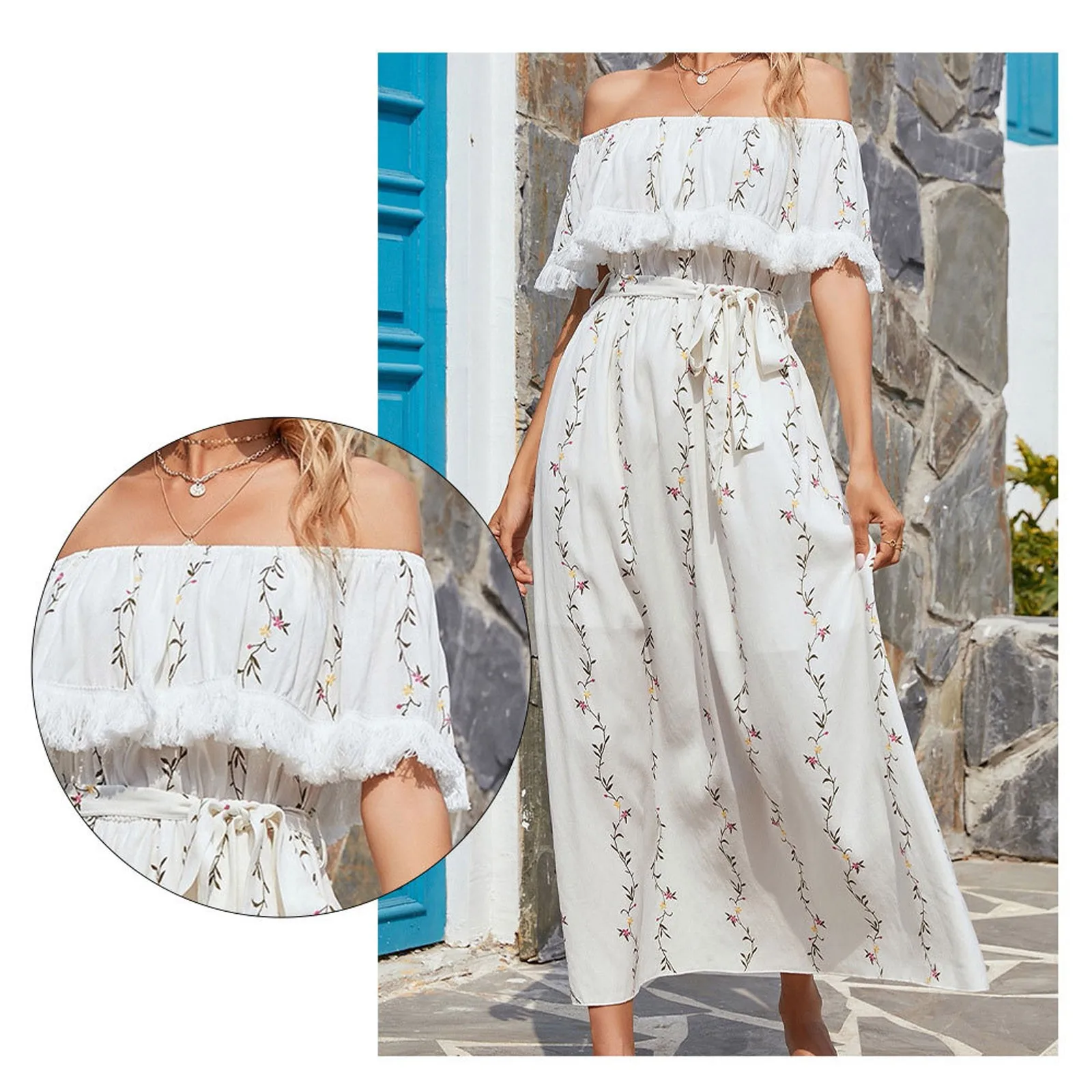 

2023 New Backless Boho Dress Women's One Shoulder Sexy Dress Over The Knee Elegant Floral Print Off Shoulder Sleeves Dress 치마