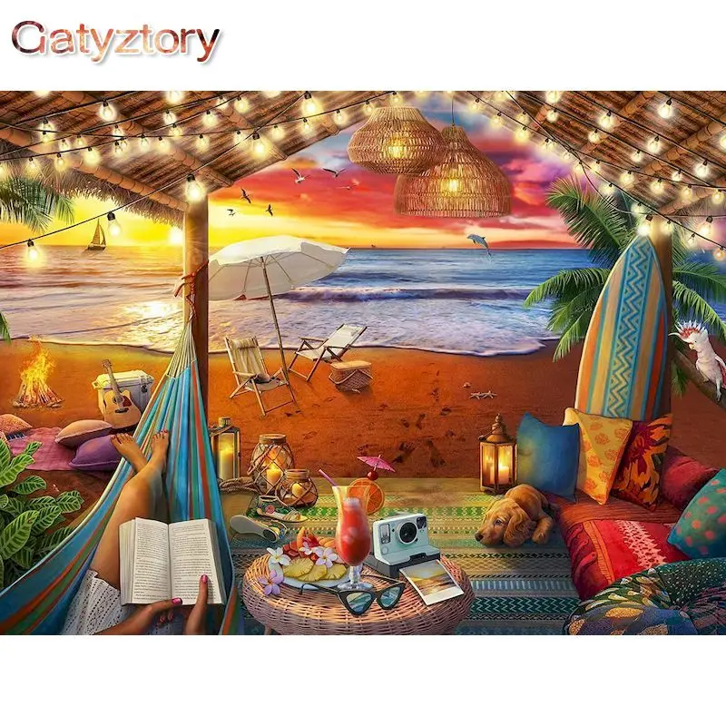 

GATYZTORY DIY Painting By Numbers Beach Tent Scenery HandPainted Oil Painting Adults Children Kill Time Unique Gift Wall Decor