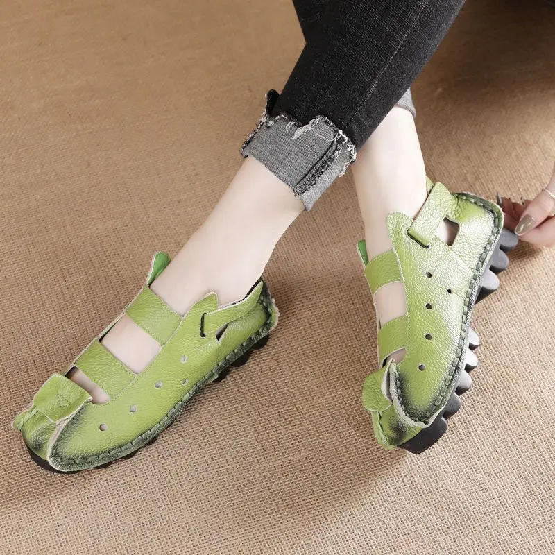 

Vintage Green Gladiator Sandals Women Mom Genuine Leather Cutout Shoes Summer Breathable Sandalias Closed Toe Slip On Moccasins