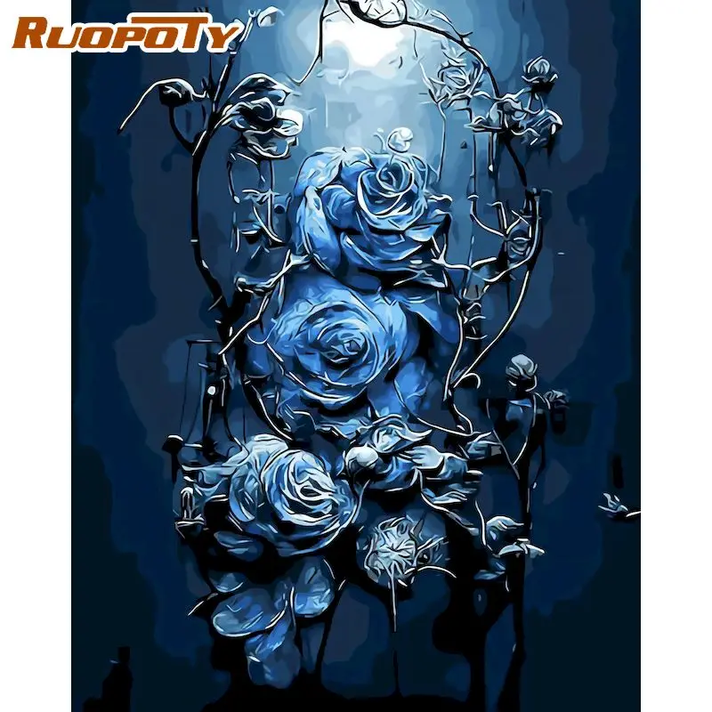 

RUOPOTY Painting By Numbers Blue Rose Flowers HandPainted Kits Drawing Canvas DIY Oil Pictures By Numbers Home Decor Gift