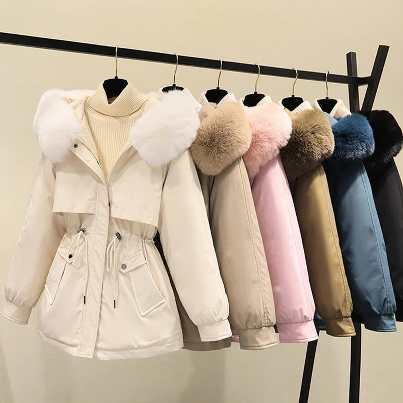Women's Winter Mid-length Parker Quilted Coat Fur Collar Hooded Thickened Loose Warm Cotton Clothes Fashion Street Clothes