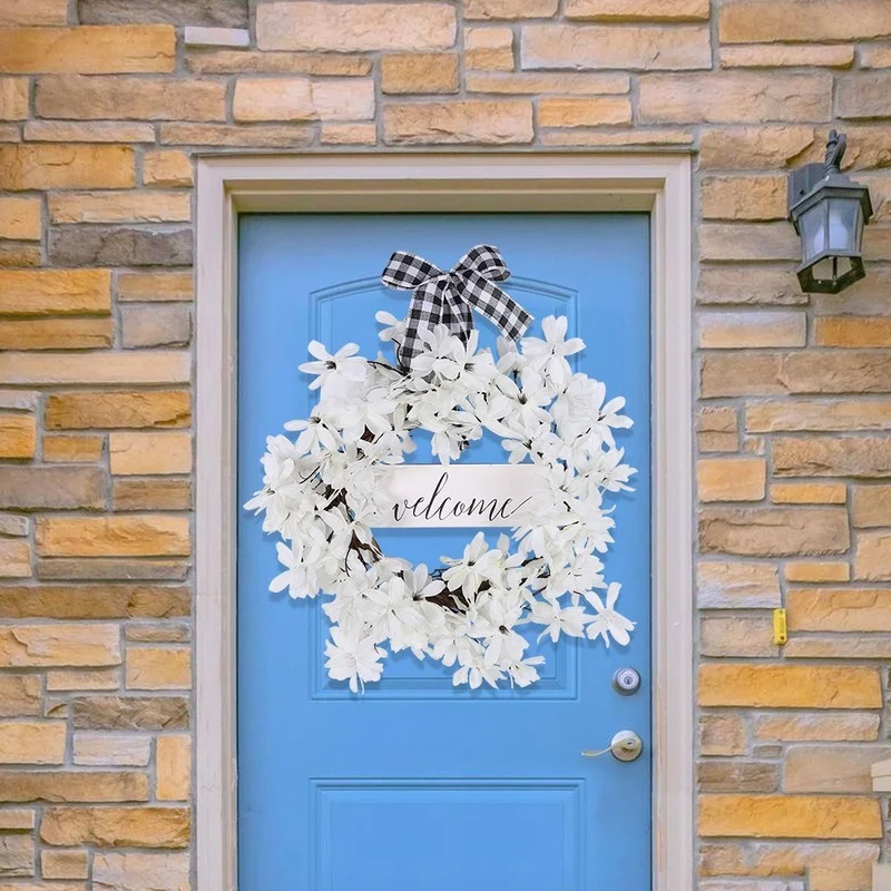 

White Resin Simulation Wreath Easter Farro Plaid Dogwood with Bow Festival Arrangement Props Home Pendant Window Door Decoration