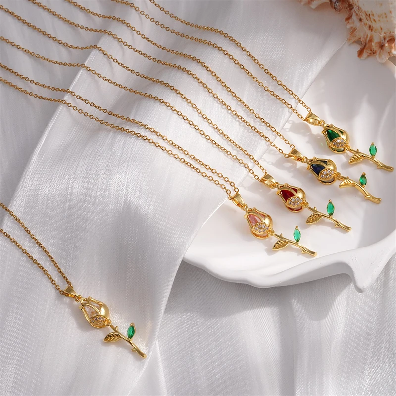 Циркониевое ожерелье с подвеской в виде цветка тюльпана