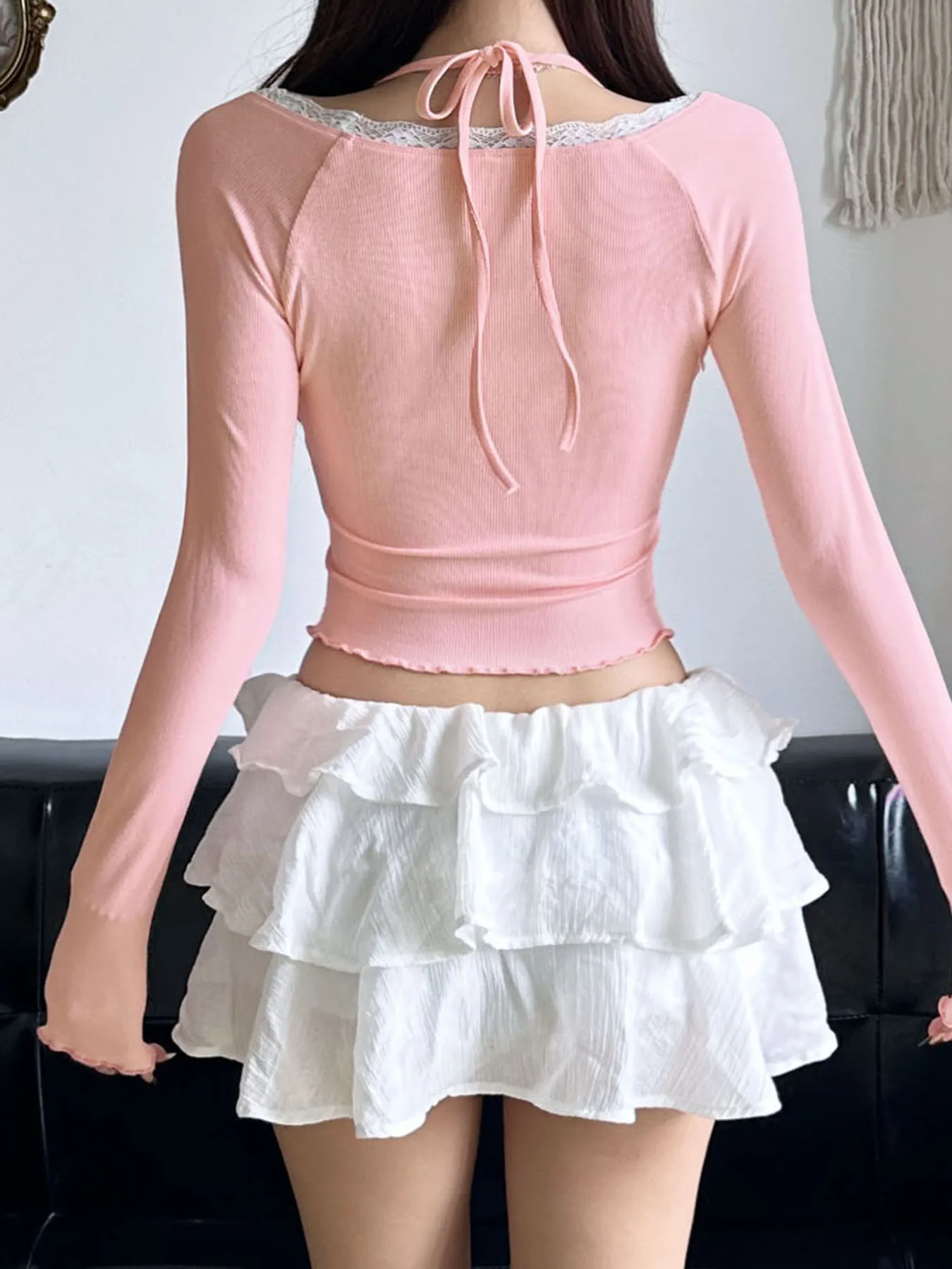 Футболка на шнуровке с имитацией двух предметов однотонная длинным рукавом