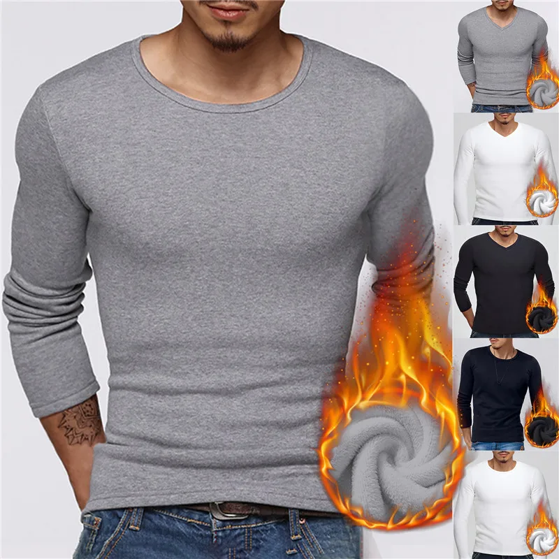 Men'S Long-Sleeved Thermal Underwear Men Plus Velvet Padded T-Shirt Round Neck Slim Bottoming Shirt Mens Underwear