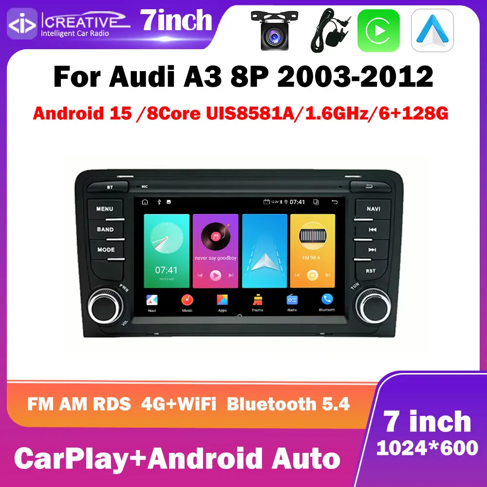 Фото Автомобильная магнитола на Android 15 для Audi A3 8P 2003-2012, 7 дюймов, 1024*600, Carplay, Auto, мультимедиа, стерео, GPS-навигация, интеллектуальная, 8-ядерная, IPS, HU, 4G. №1