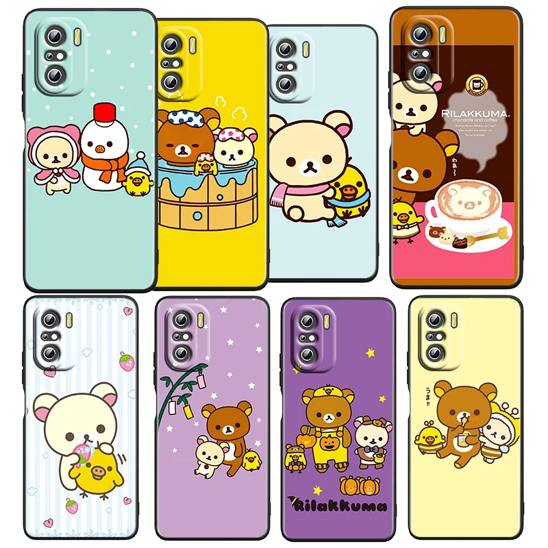 

Anime Cute Rilakkuma For Xiaomi Redmi K50 K40 Gaming K30 K20 Pro 5G 10X 9T 9C 9A TPU Soft Silicone Black Phone Case Fundas Coque