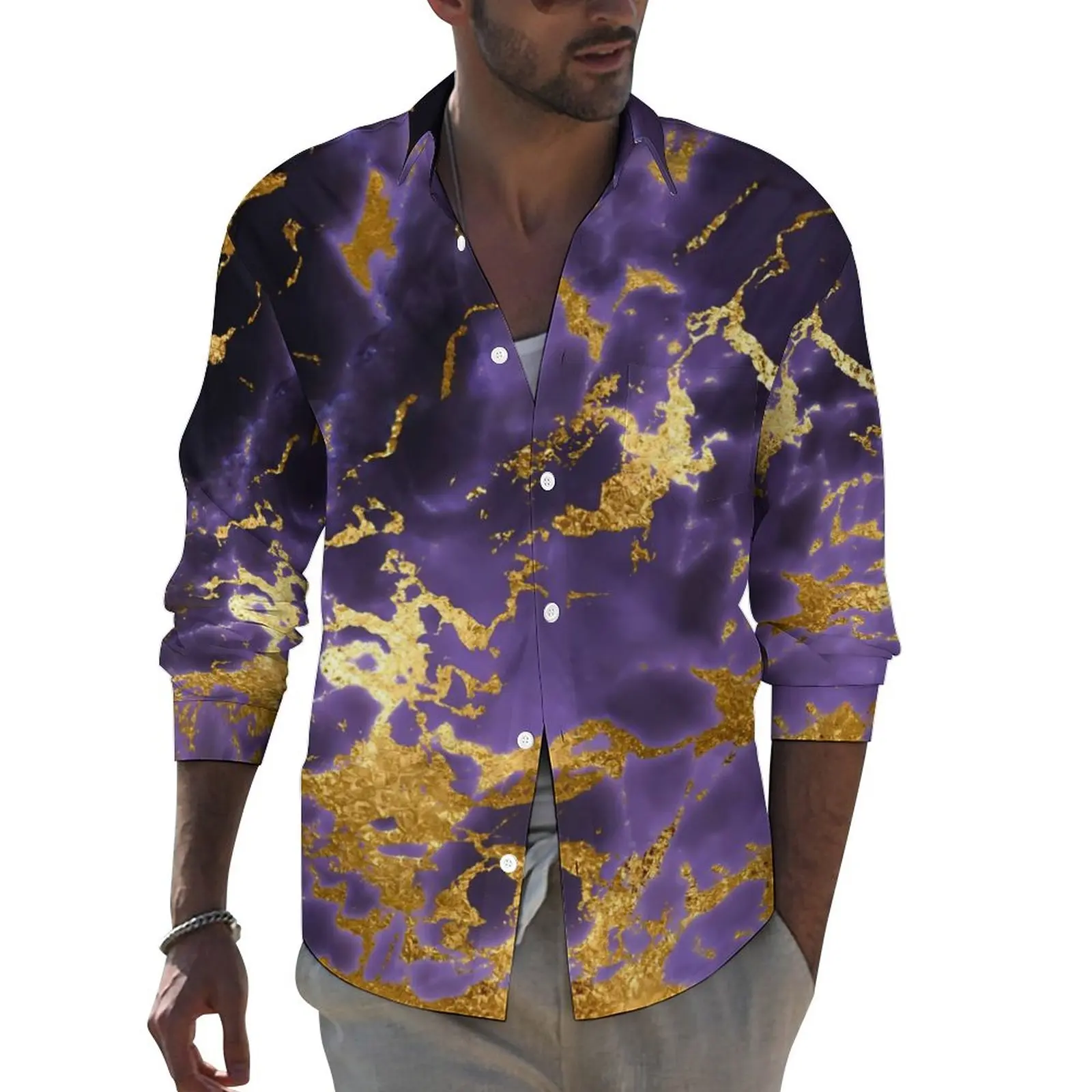 

Marble Stone Casual Shirts Men Purple Gold Shirt Long Sleeve Fashion Stylish Blouses Autumn Graphic Clothing Large Size
