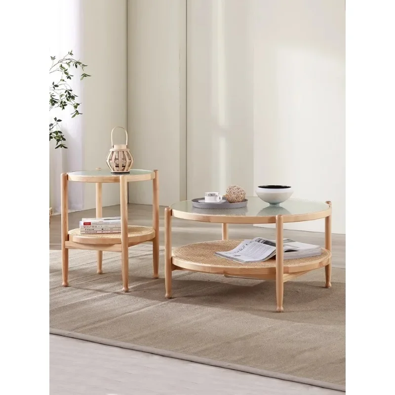 

Nordic minimalist modern solid wood rattan round coffee table living room B&B Japanese side glass balcony small round table.