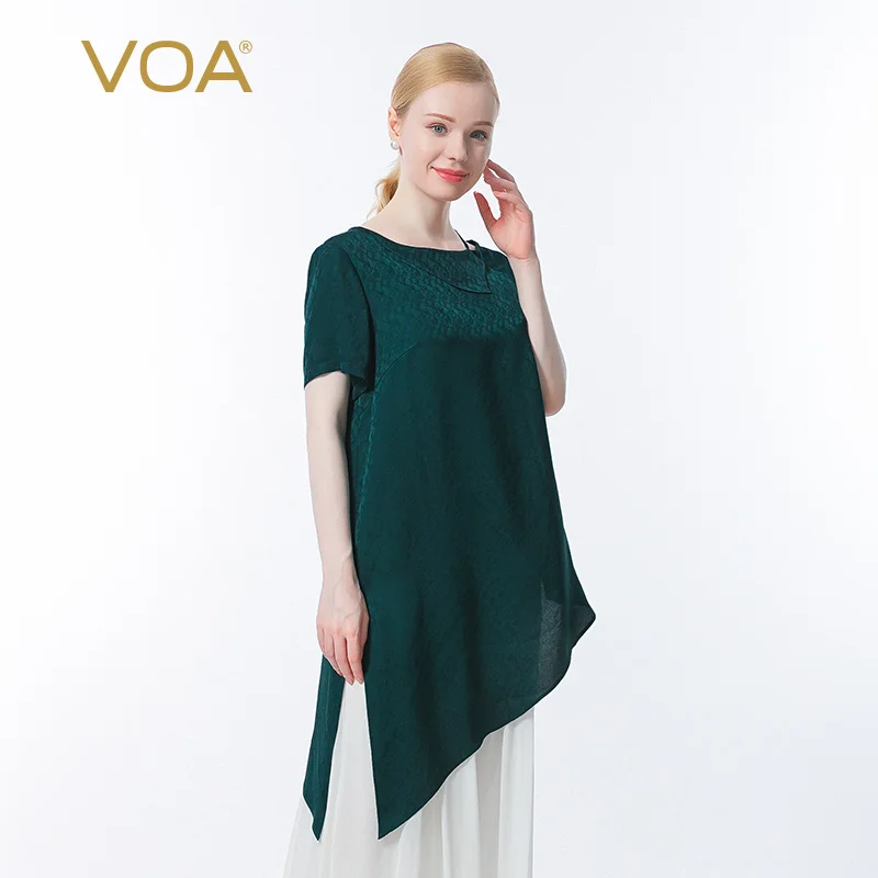 

VOA Silk Jacquard Green Tops Asymmetric Short-sleeved T-shirt with Adjustable Swallowtail Loose Refreshing Woman Tshirts BE693
