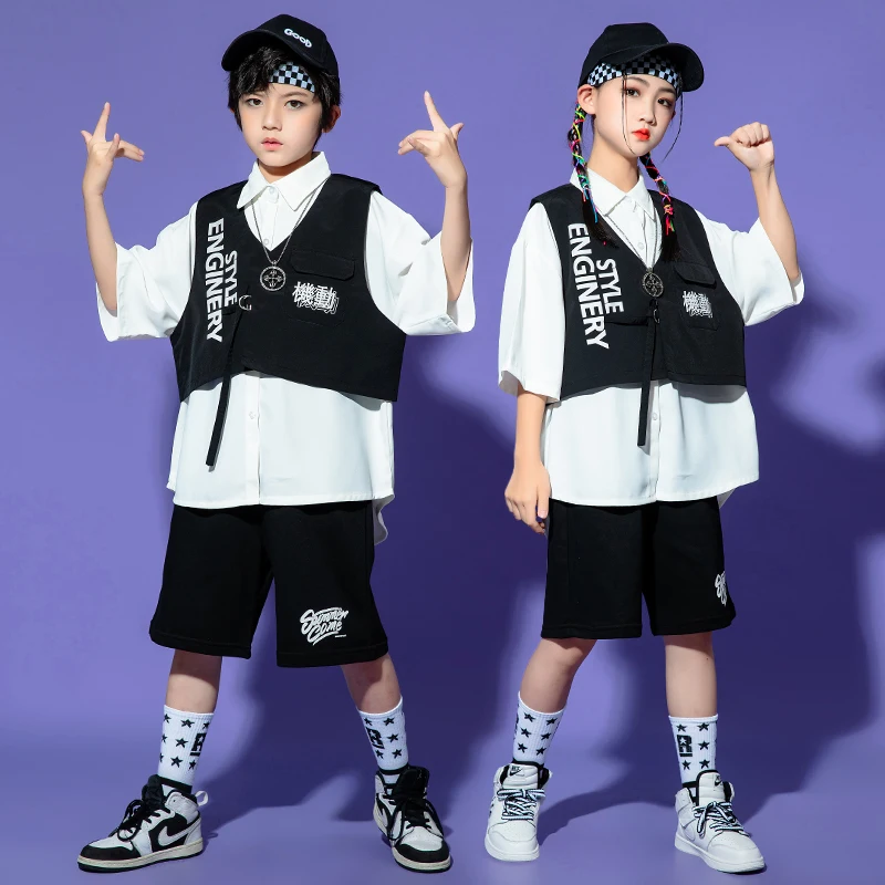 

2022 Summer Hip Hop Clothing For Kids Loose Short Sleeves Shirts Vest Girls Jazz Dance Costume Boys Street Dance Outfit BL7959