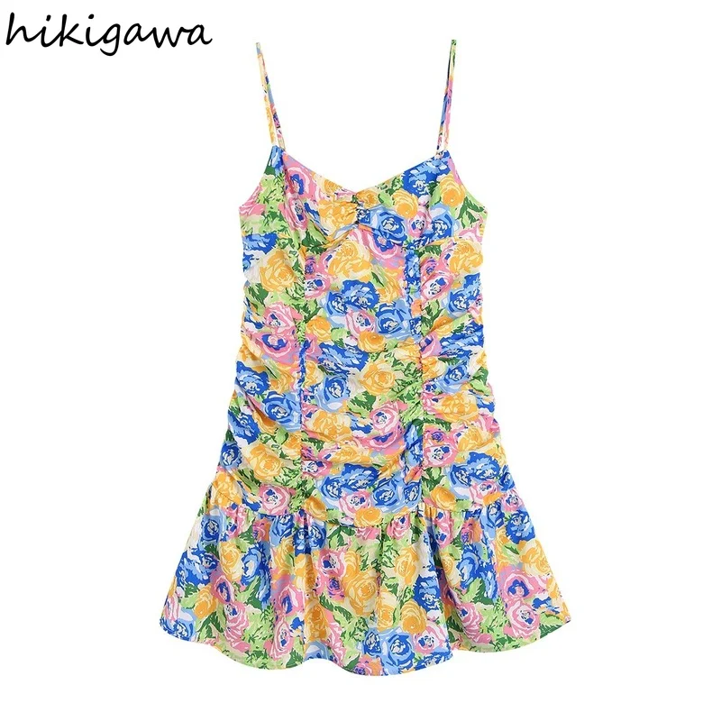 

Hikigawa Women Fashion With Pleated Floral Print Thin Straps Mini Dress Vintage Sleeveless Female Camis Dresses Vestidos Mujer