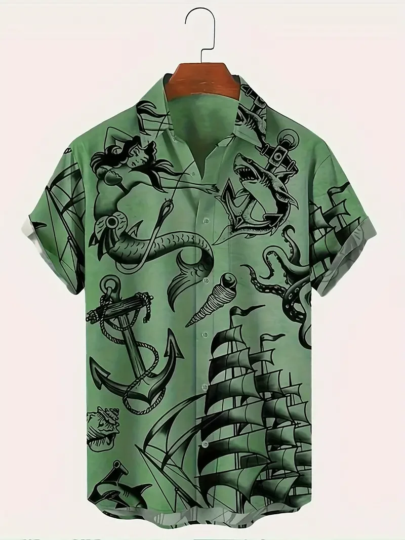Мужская летняя рубашка с коротким рукавом и принтом русалки
