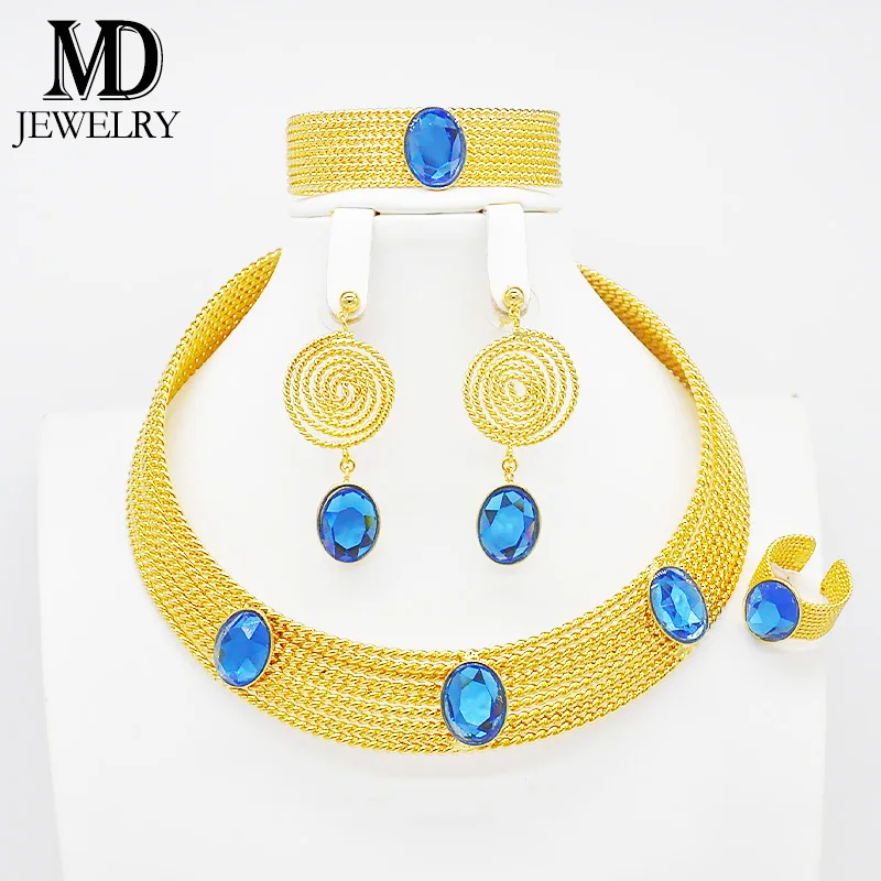 

Popular fashion jewelry gemstone necklace set contains necklace earrings bracelet ring Nigeria boutique jewelry set