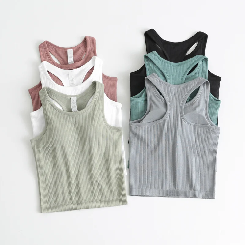

Custom Logo Racerback Yoga Tank Tops Women Fitness Sleeveless Cami Top Sports Shirt Slim Ribbed Running Gym Shirts Built In Bra