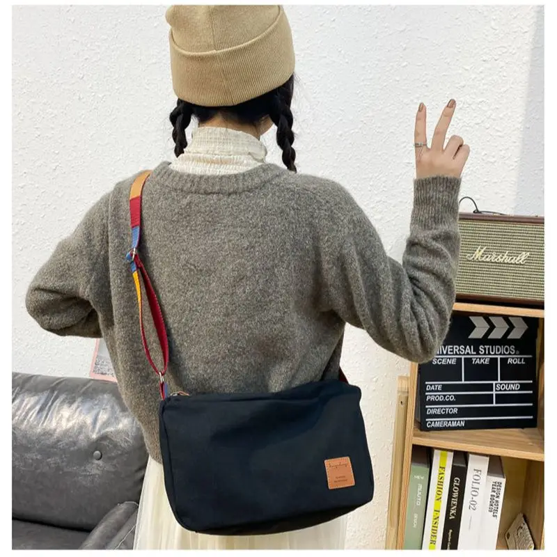 

Women Canvas Shoulder Bag Winter Autumn Girls Ins Fashion Cross-body Colorful Strap Portable Square PackageTraveling Black White