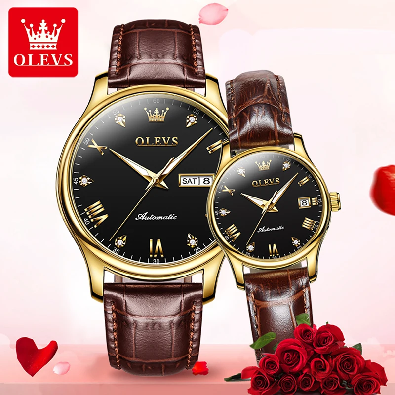 OLEVS Luxury Genuine Watch 2022 New Fashion Casual Couple Watches Mechanical Watch Luminous Waterproof Leather Strap Couple 9932
