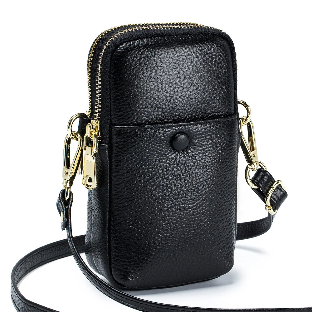 

2023 New Cowhide Mobile Phone Bag Women's Vertical Crossbody Small Bag Genuine Leather Fashion Korean Double Zipper Shoulder Bag
