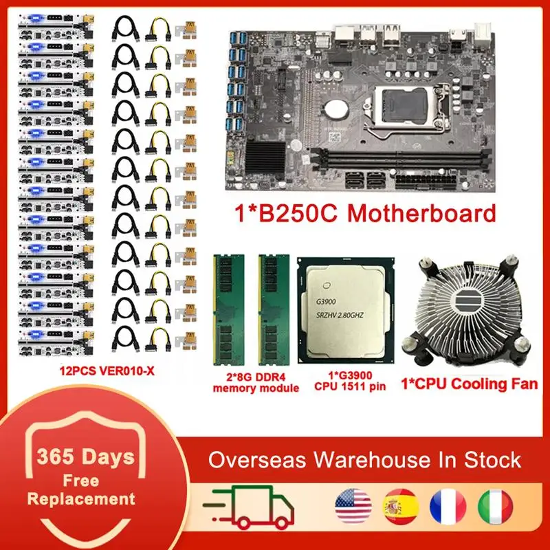 

Комплект материнской платы для майнинга B250C, 12 USB 3,0 PCI-E X16 16X PCIE Riser G3900 ЦП LGA 1151 DDR4 SATA HDMI Биткоин BTC ETH Майнер