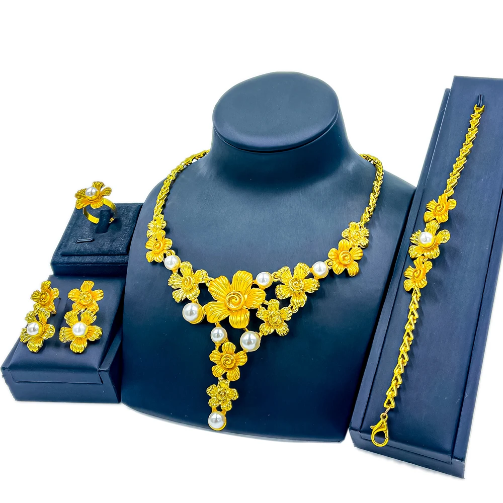 

Dubai Jewelry Sets Pearl Necklace Bracelet for Women Holiday Gift Stud Earrings Charm Bridal Ring Wedding Accessories